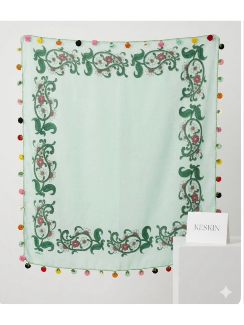 Keskin Light Green Floral Square Scarf with Flower Trim